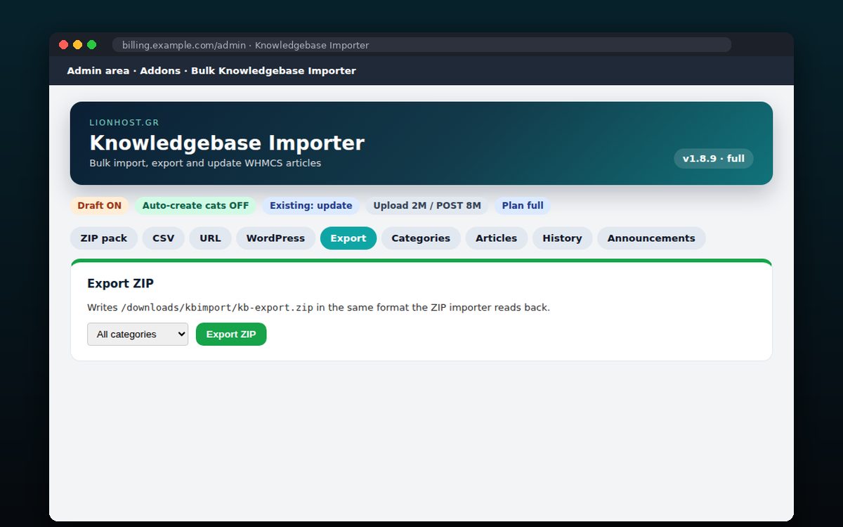 Bulk Knowledgebase Importer — Εξαγωγή κατηγορίας σε ZIP