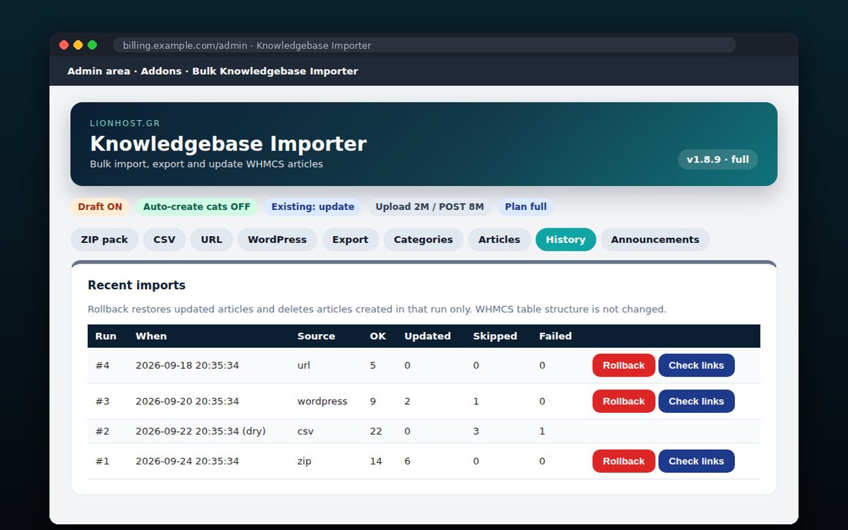 Bulk Knowledgebase Importer — Ιστορικό εισαγωγών