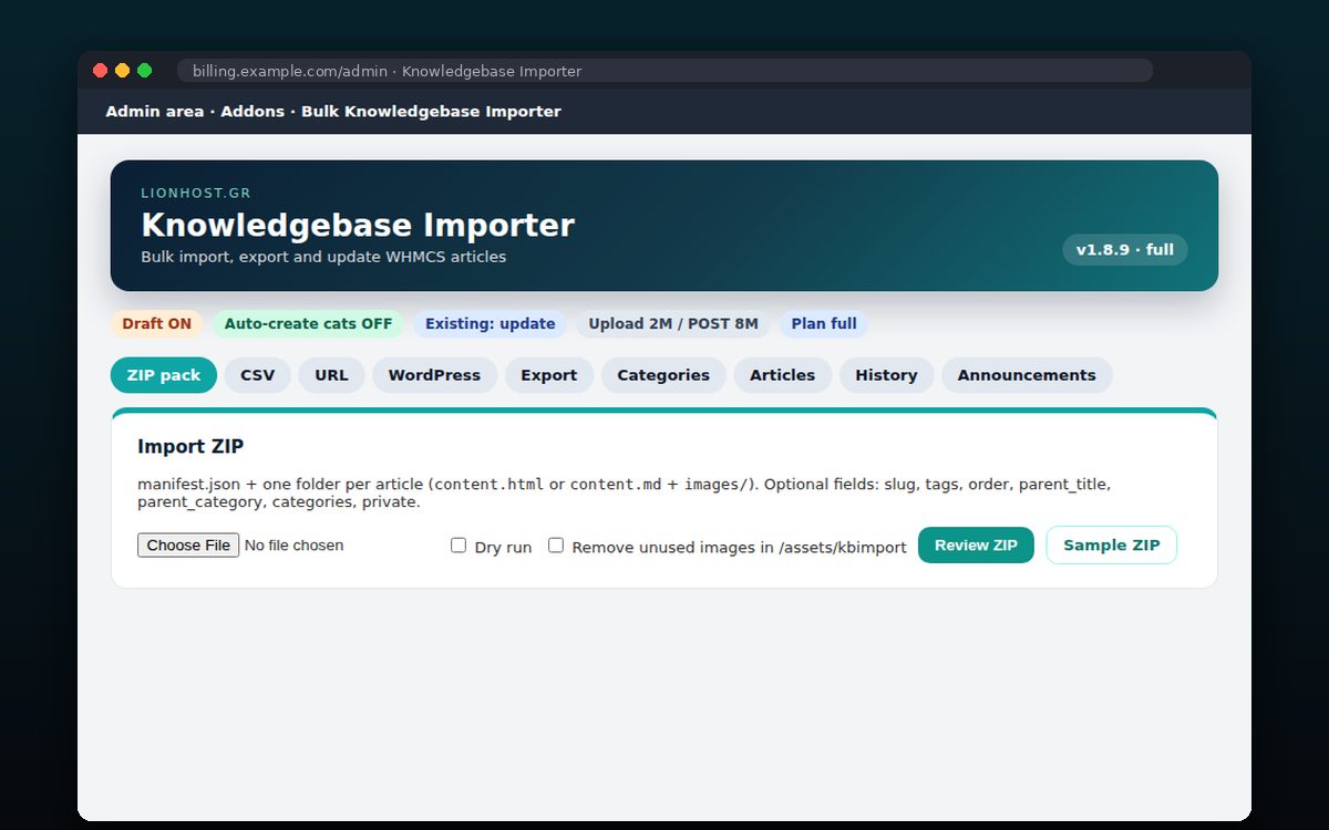 Bulk Knowledgebase Importer — Εισαγωγή από CSV, URL, WordPress ή ZIP