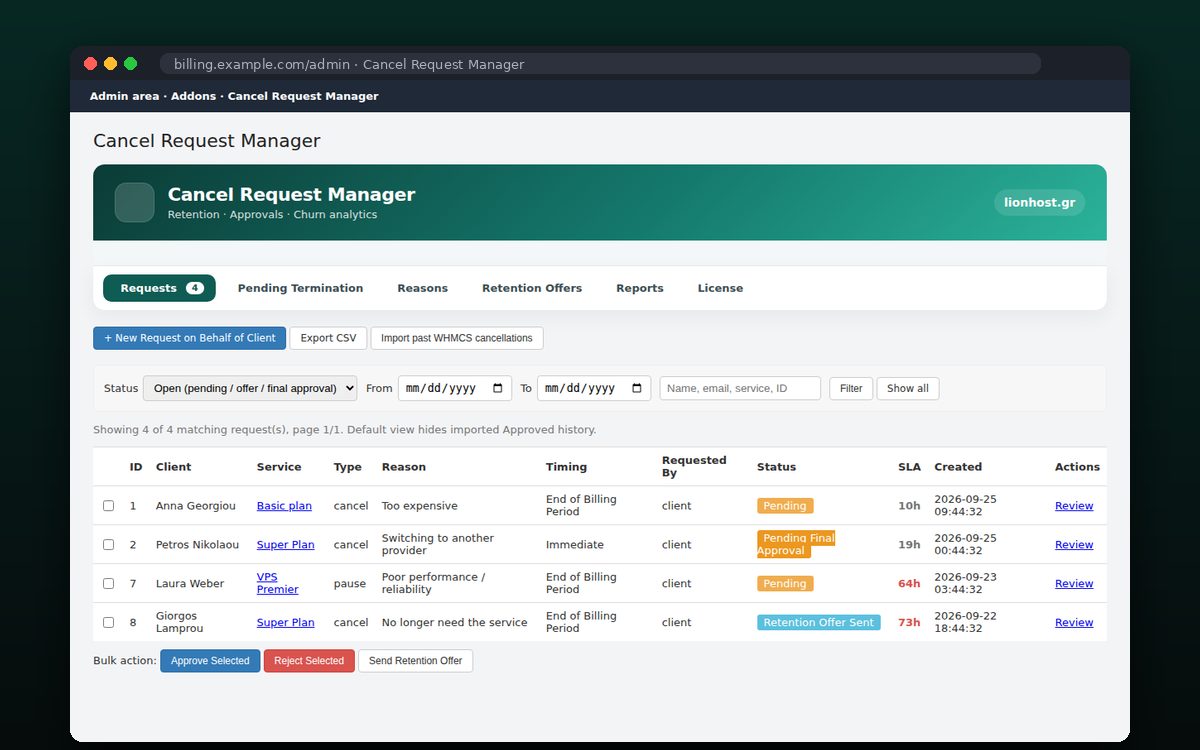 Cancel Request Manager — Λίστα αιτημάτων με φίλτρα και μαζικές ενέργειες