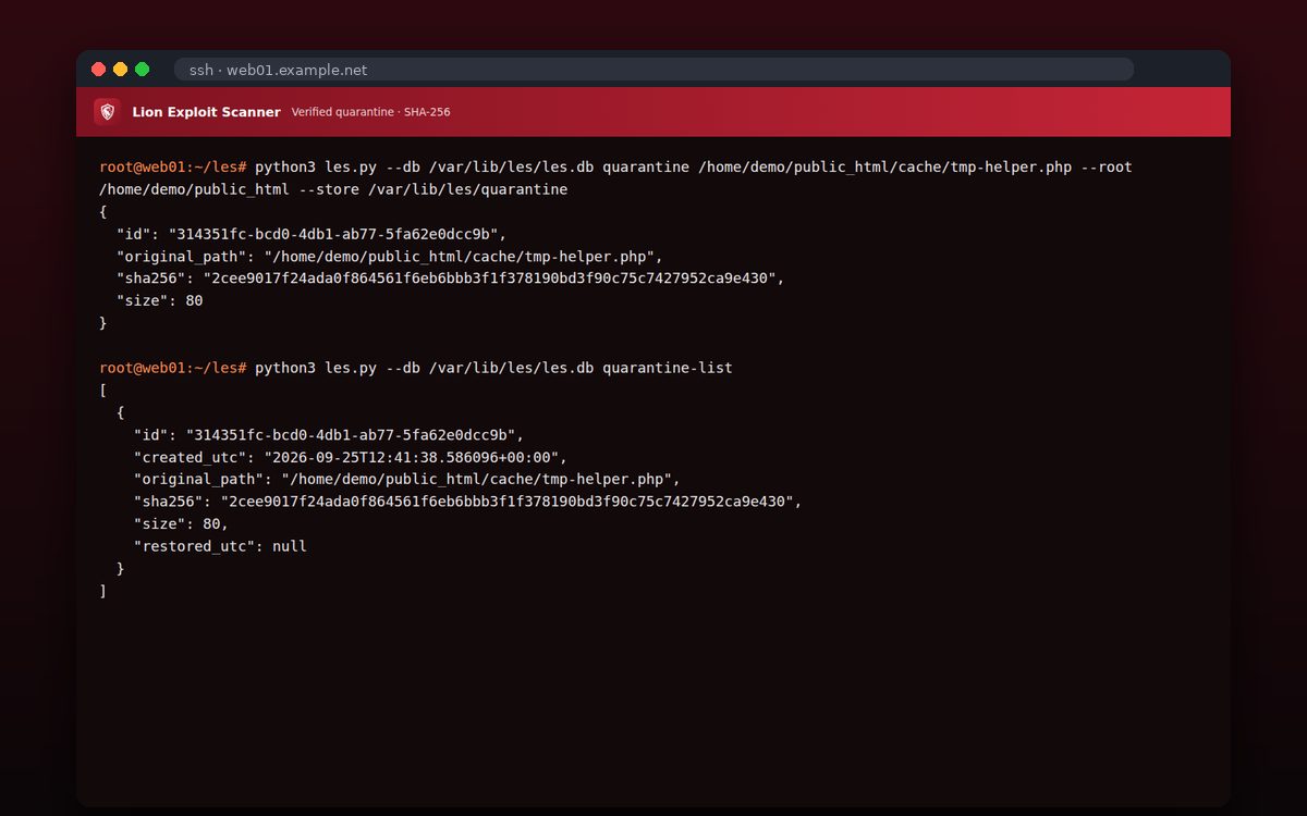 Lion Exploit Scanner — Καραντίνα και λίστα αρχείων