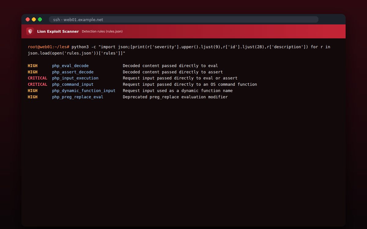 Lion Exploit Scanner — Κανόνες ανίχνευσης σε JSON