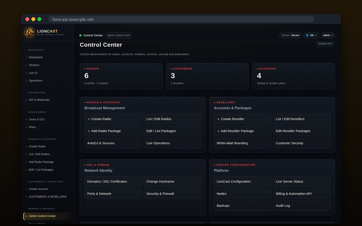 LionCast — Control Center διαχειριστή
