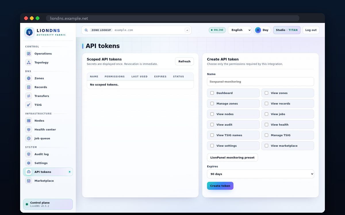 LionDNS — Scoped API tokens με preset για LionPanel