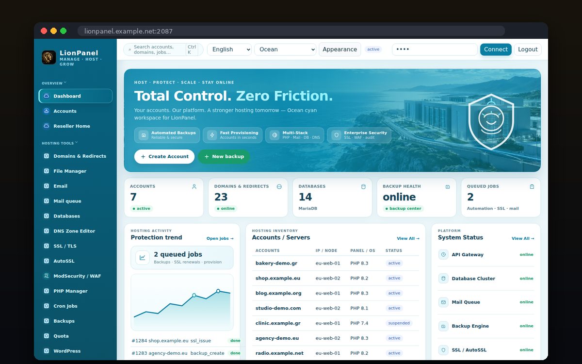 LionPanel — Dashboard — θέμα Ocean