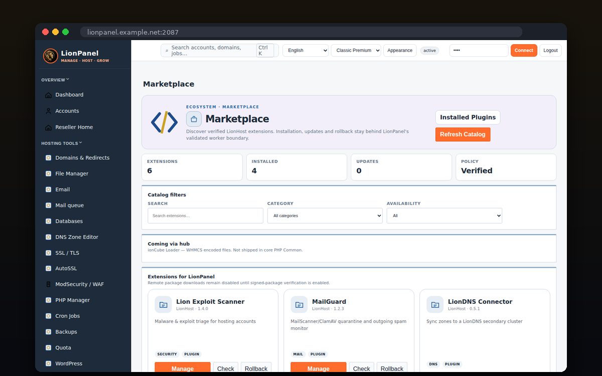 LionPanel — Marketplace για plugins και επεκτάσεις