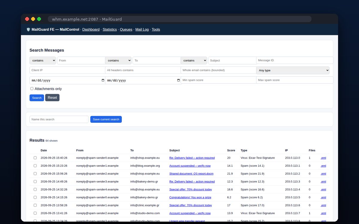 MailGuard — MailControl: αναζήτηση μηνυμάτων με φίλτρα