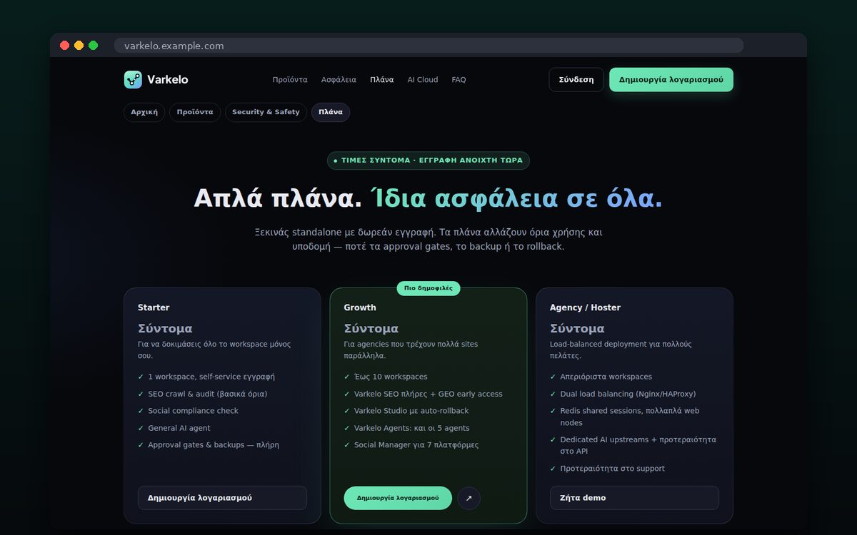 Varkelo — Πλάνα για ομάδες, agencies και hosters