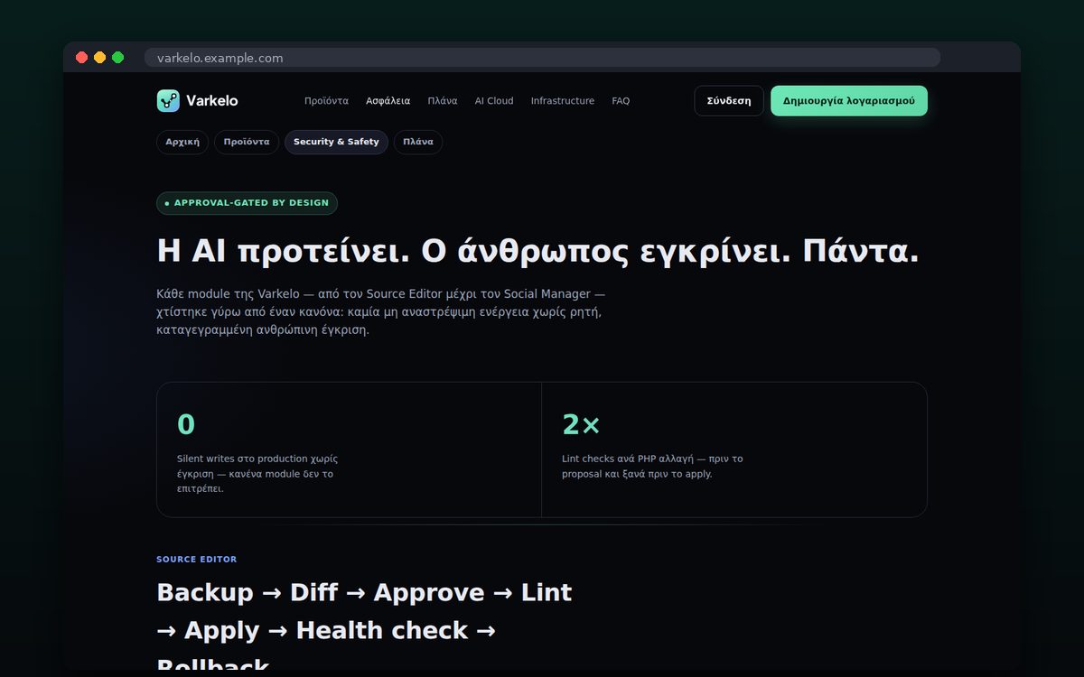 Varkelo — Approval-gated αλλαγές: Backup → Diff → Approve